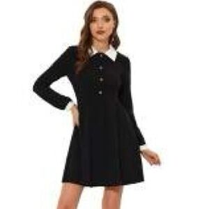 Vintage-Inspired Black Puff Long Sleeve Flare Short Dress with White Collar